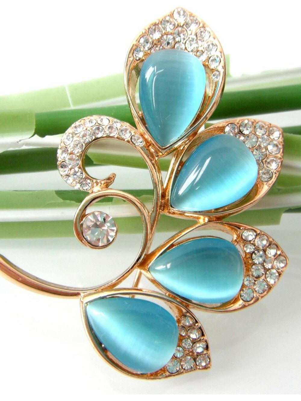 18k Gold Plated Opal Leaves Crystal Branches Brooch Pins - Picture 3 of 4